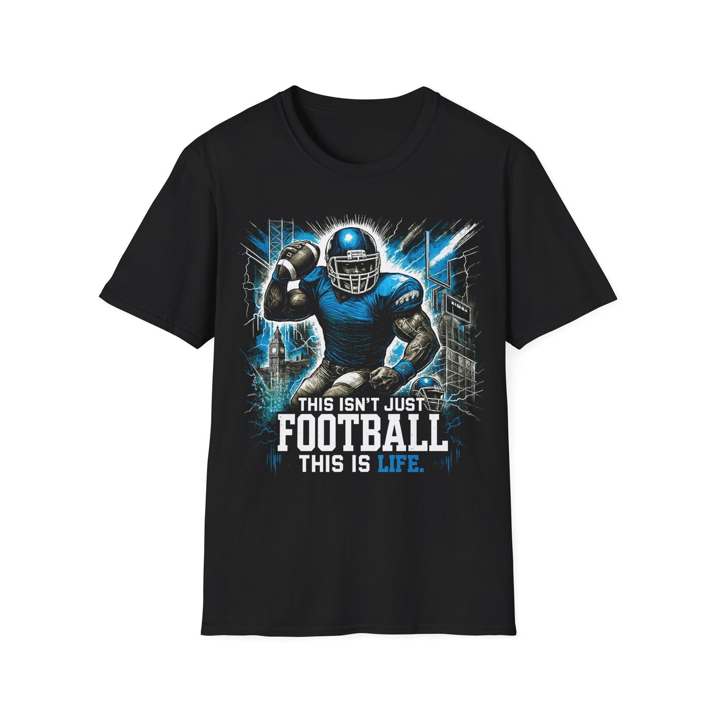 Black t-shirt with a football player graphic and text on a white background