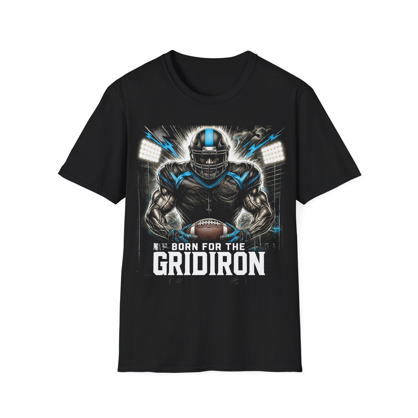 Black t-shirt with football player graphic and 'Born for the Gridiron' text on a white background