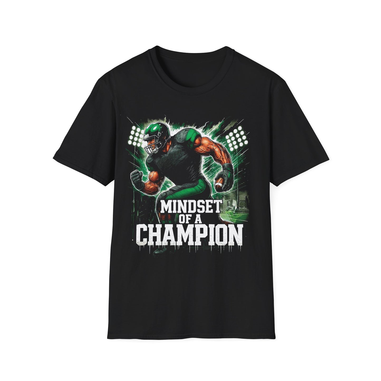 Black t-shirt with a football player graphic and 'Mindset of a Champion' text on a white background
