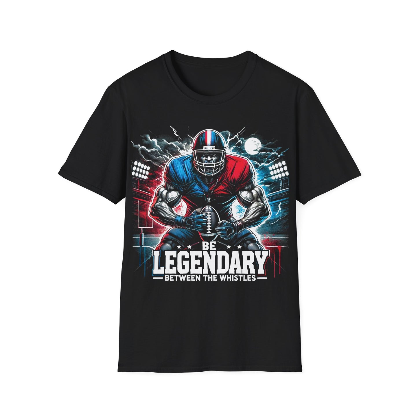 Black t-shirt with a football player graphic and 'Be Legendary' text on a white background