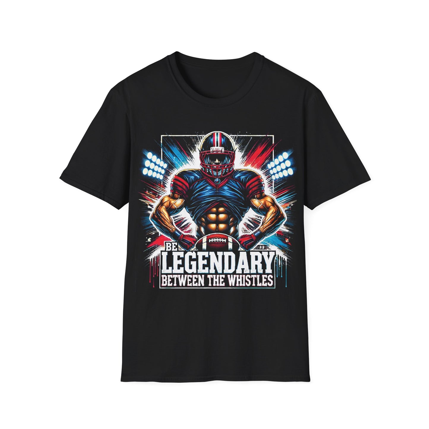 Black t-shirt with football player graphic and text on a white background