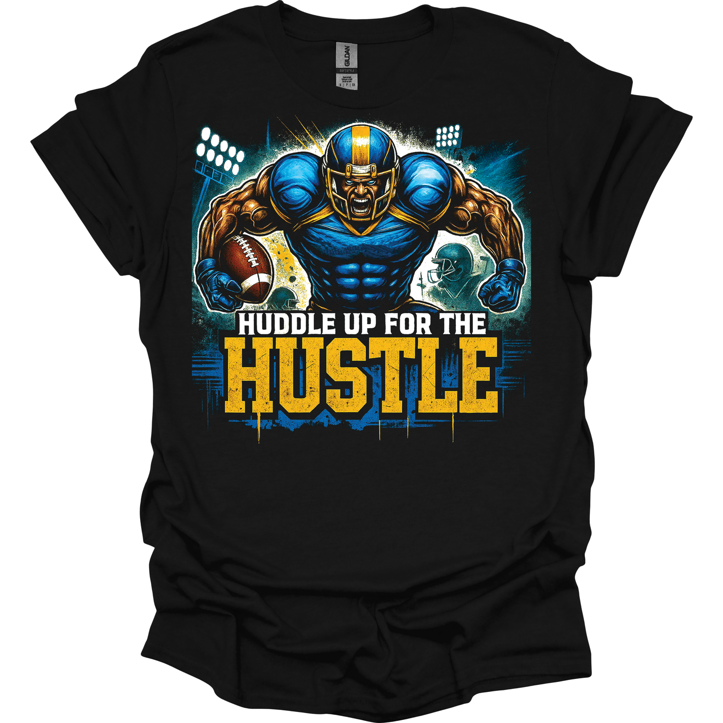 Black t-shirt with a football player graphic and 'Huddle Up for the Hustle' text on a white background