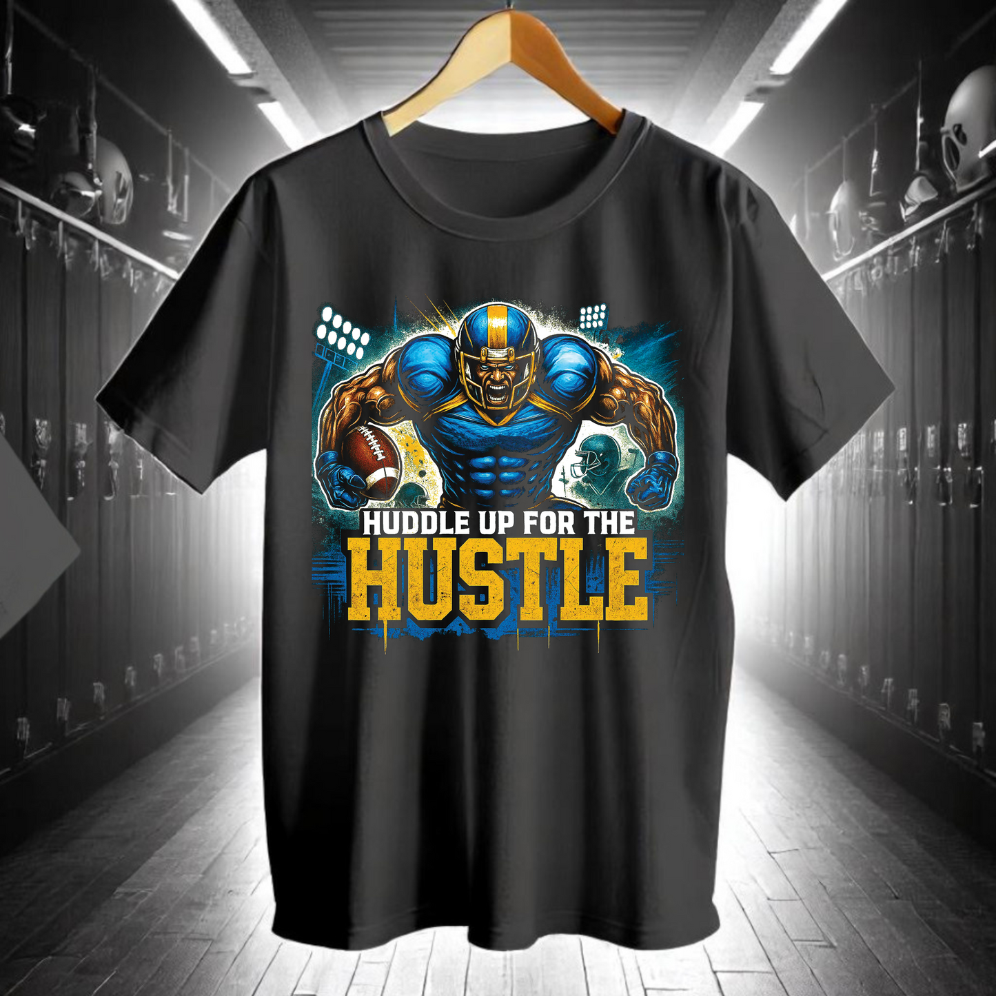 Black t-shirt with a graphic of a football player and text 'Huddle Up for the Hustle' in a locker room setting.