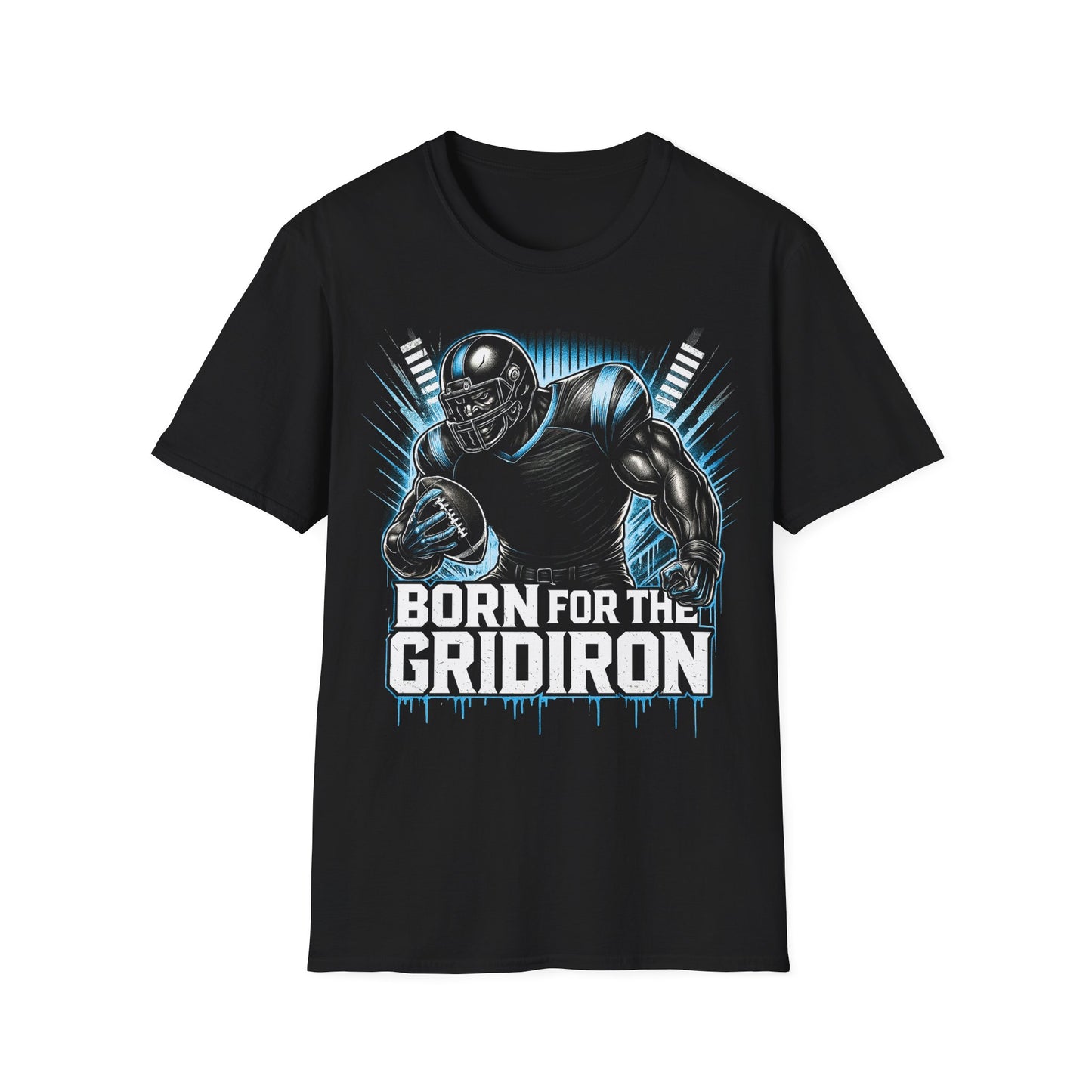 Black t-shirt with football player graphic and 'Born for the Gridiron' text on a white background