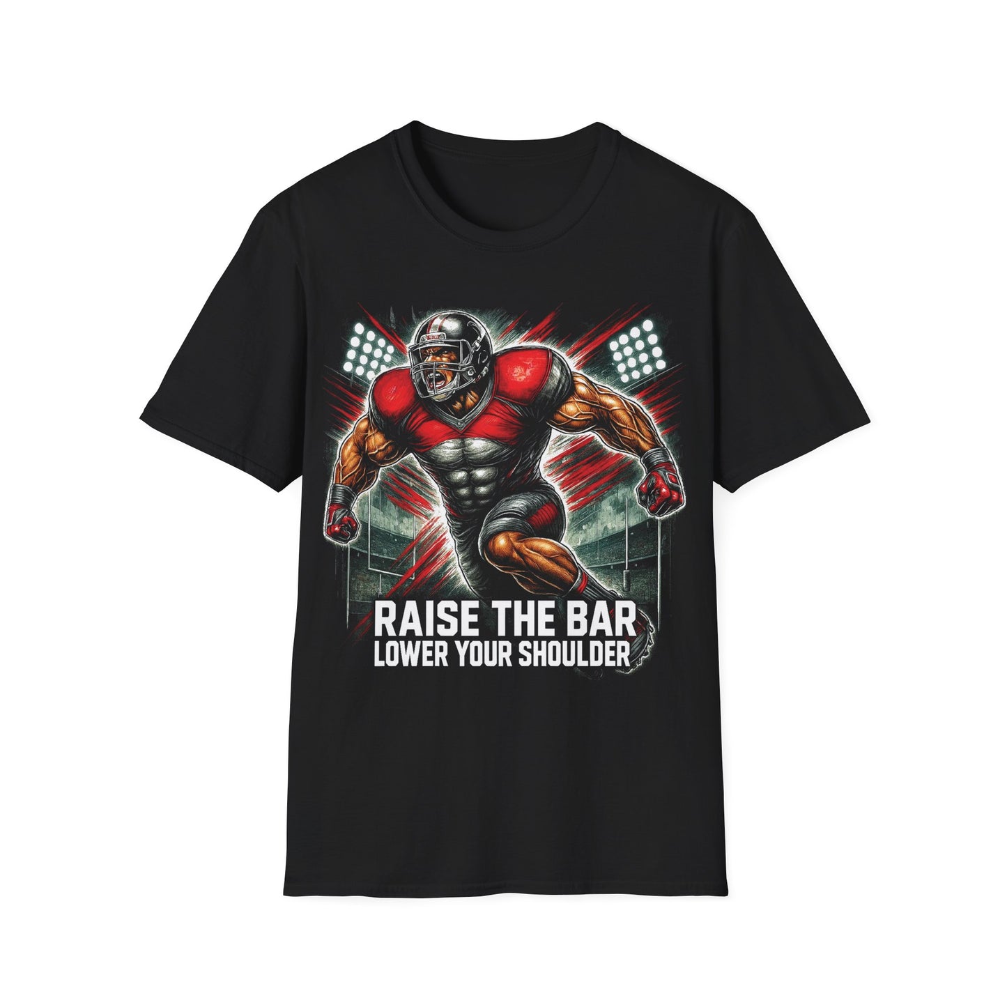 Black t-shirt with a graphic of a football player and motivational text on a white background