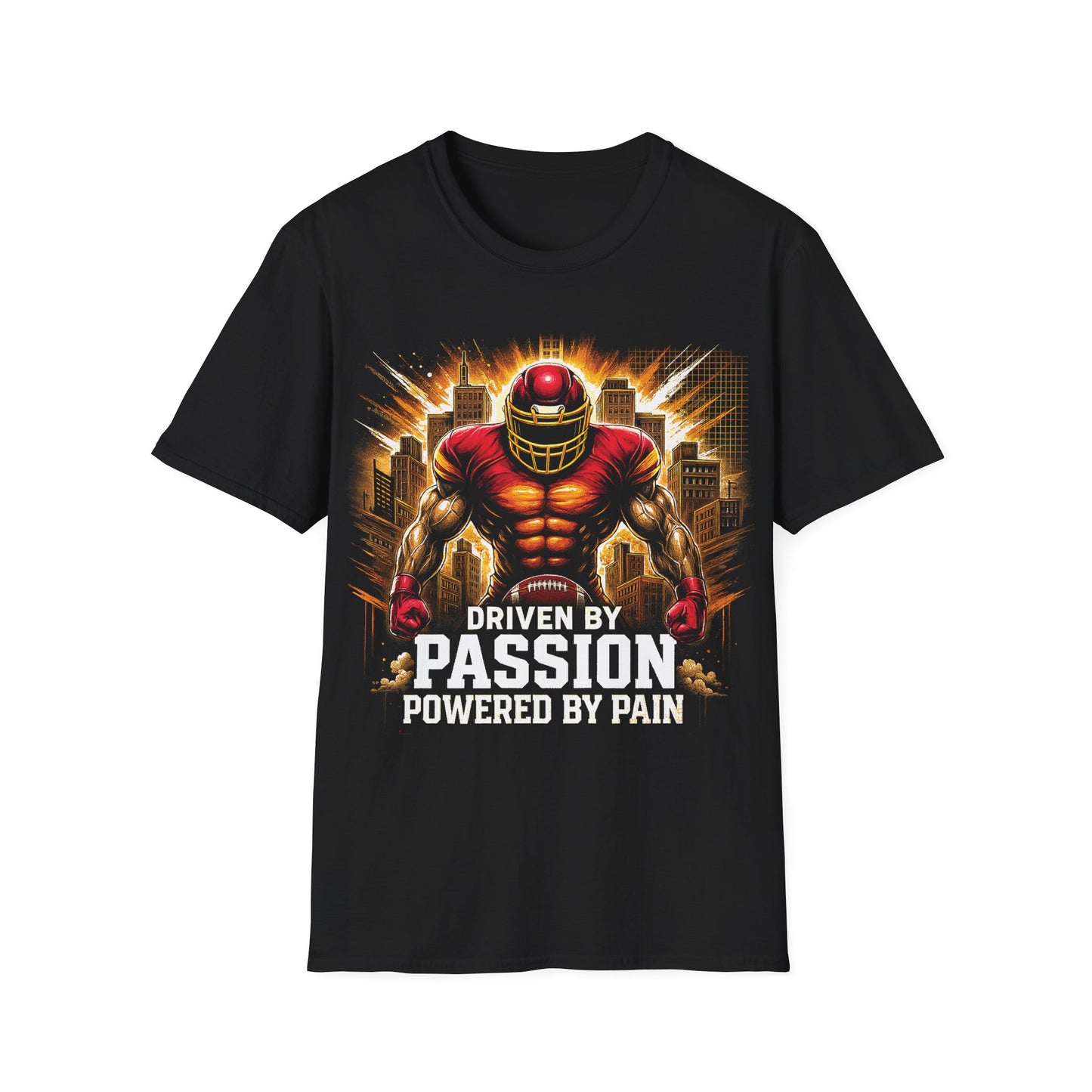 Black t-shirt with a graphic of a muscular figure and motivational text on a white background