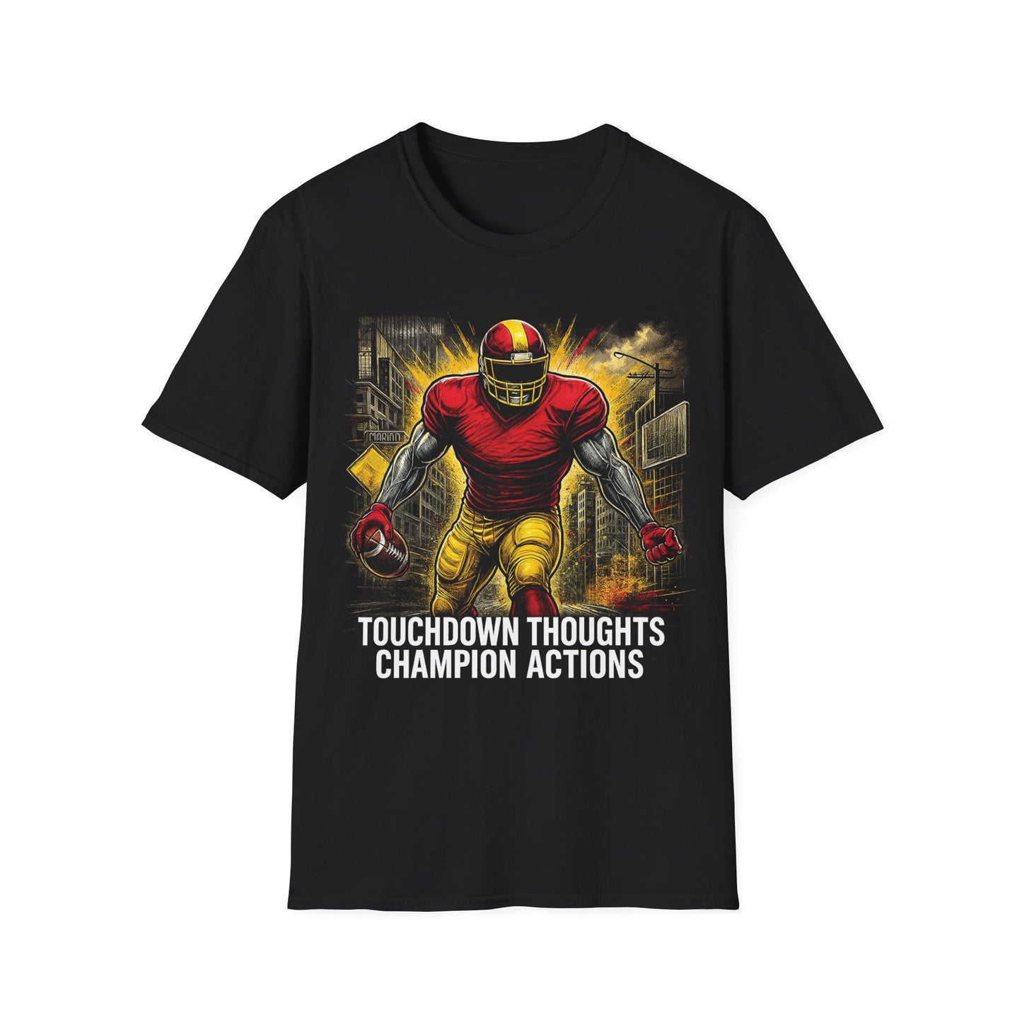 Black t-shirt with a football player graphic and text on a white background