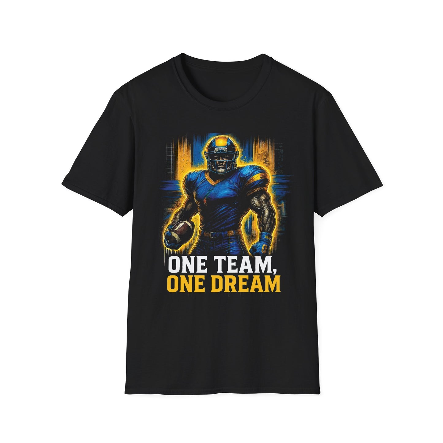 Black t-shirt with a football player graphic and 'One Team, One Dream' text on a white background