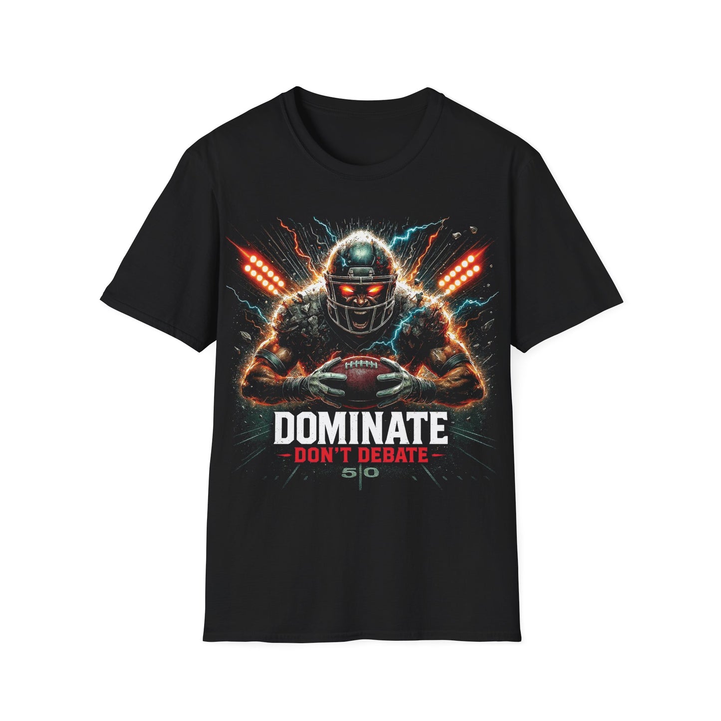 Black t-shirt with a graphic of a football player and text 'DOMINATE DON'T DEBATE' on a white background