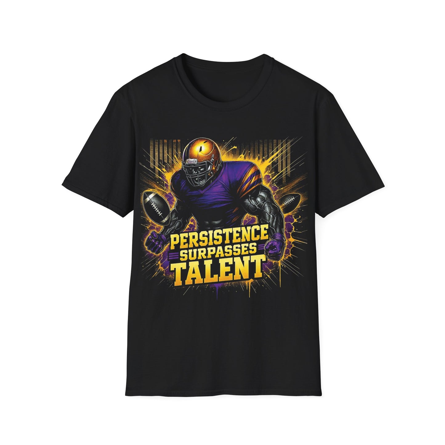 Black t-shirt with a football player graphic and 'Persistence Surpasses Talent' text on a white background
