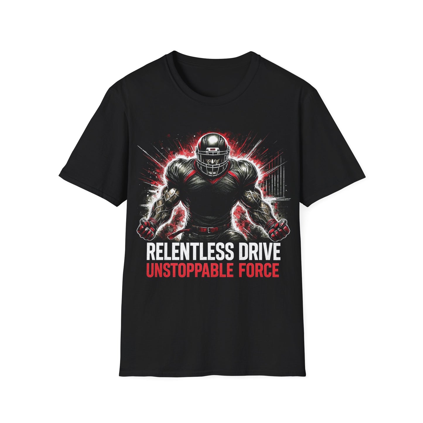 Black t-shirt with a graphic of a football player and text 'Relentless Drive Unstoppable Force' on a white background.