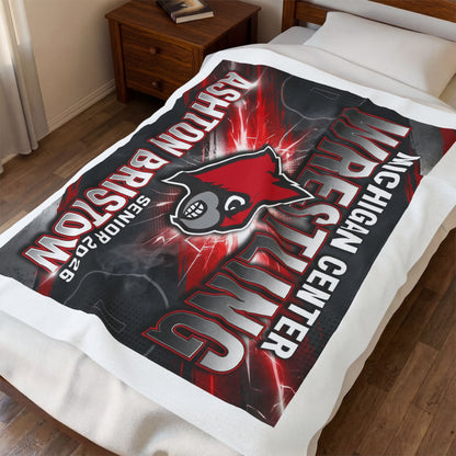Wrestling Team Velveteen Plush Blanket – Personalized ‘Davi’on King' Senior 2026, Michigan Center Cardinals