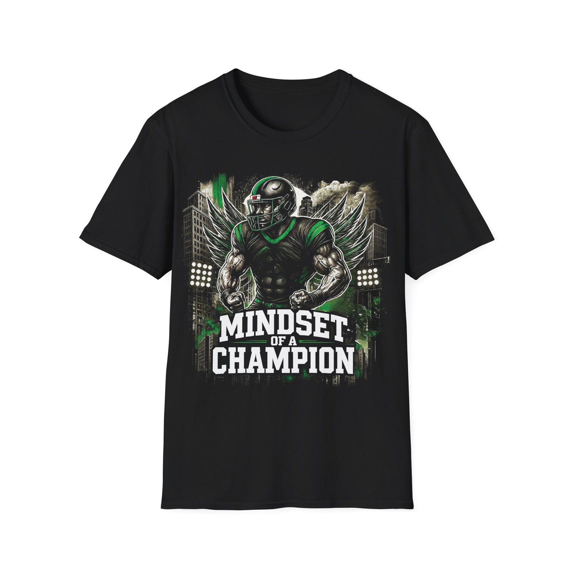 Black t-shirt with a graphic of a football player and 'Mindset of a Champion' text on a white background