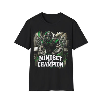 Black t-shirt with a graphic of a football player and 'Mindset of a Champion' text on a white background
