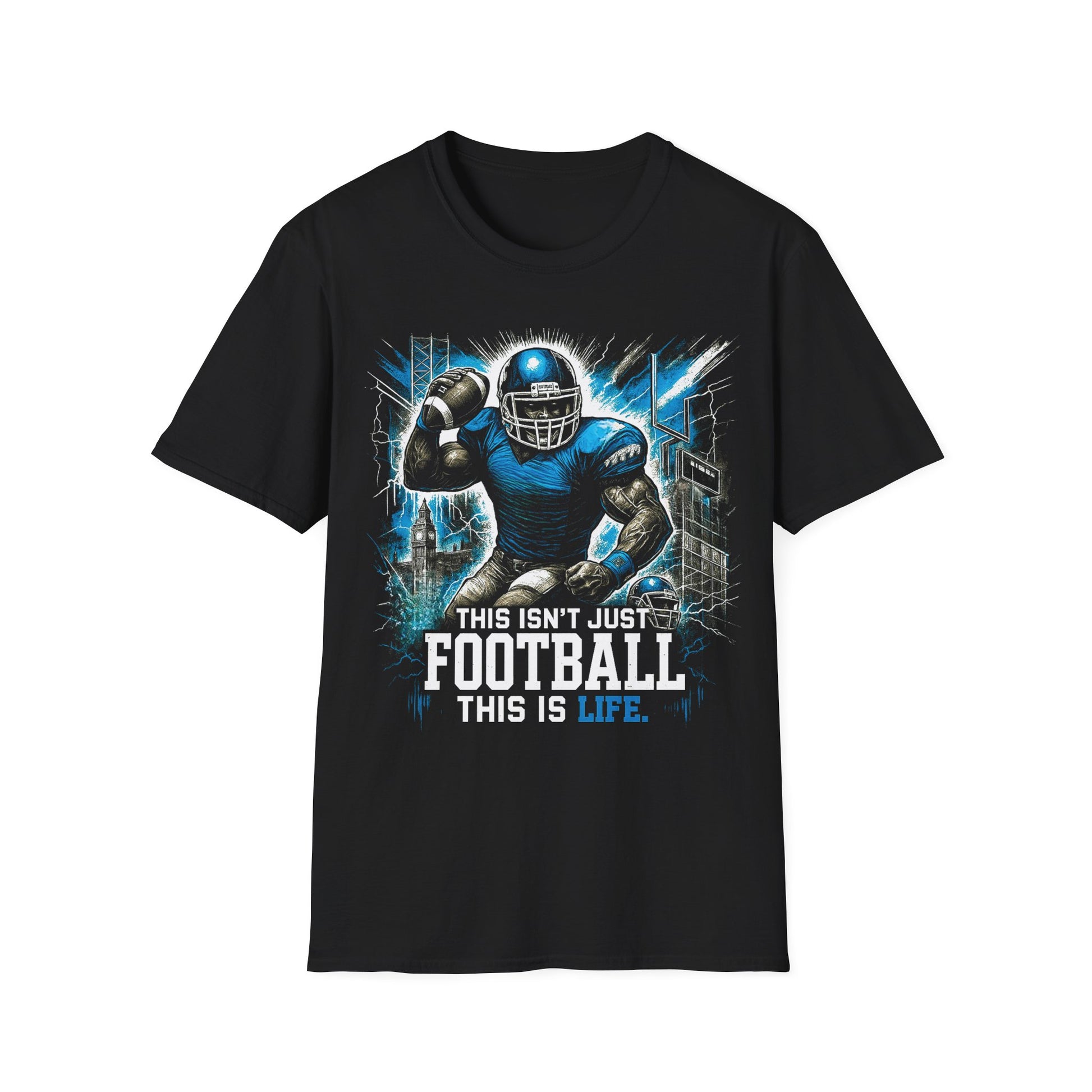 Black t-shirt with a football player graphic and text on a white background