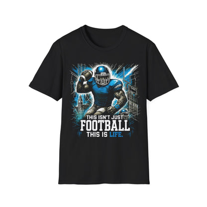 Black t-shirt with a football player graphic and text on a white background