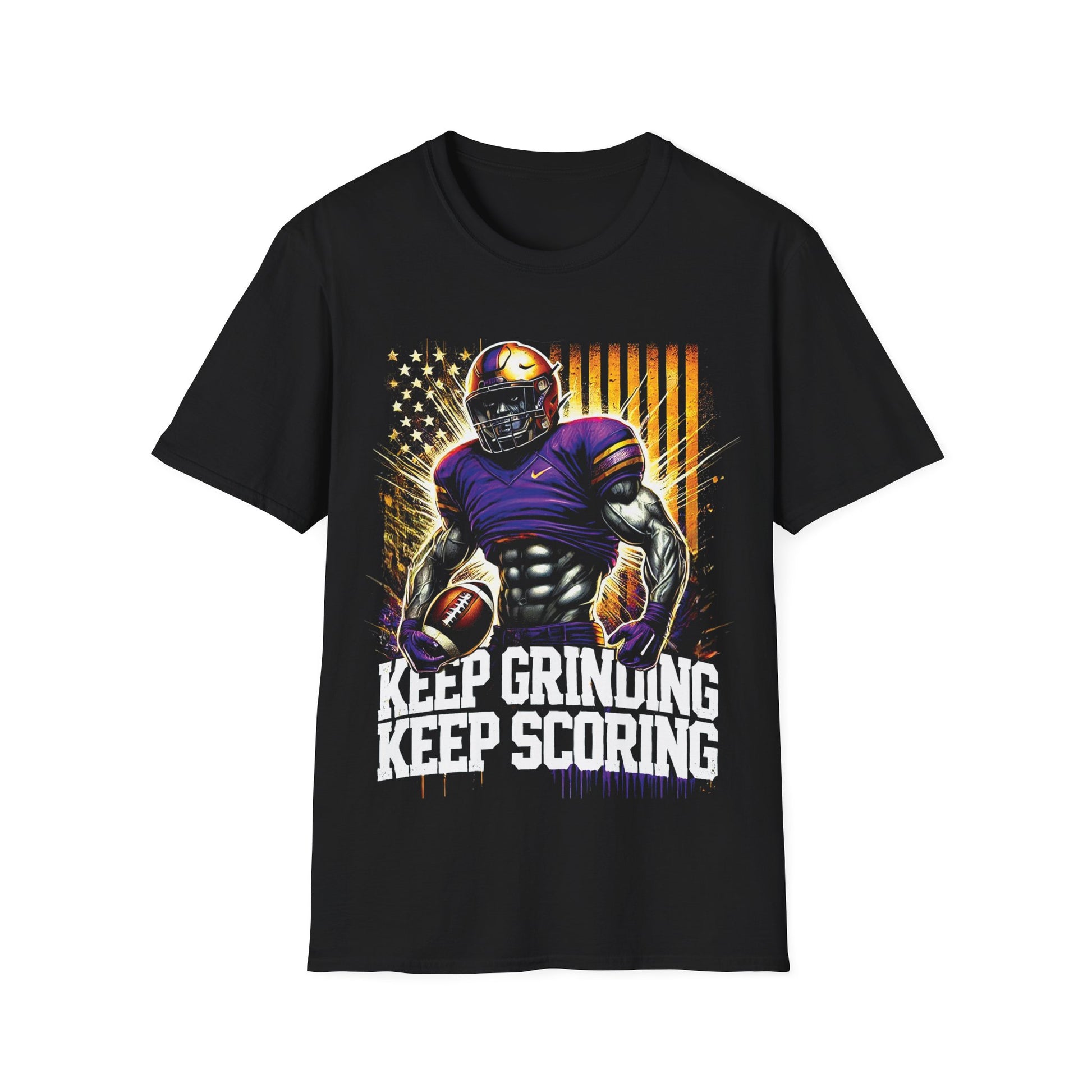 Black t-shirt with football player graphic and 'Keep Grinding Keep Scoring' text on a white background