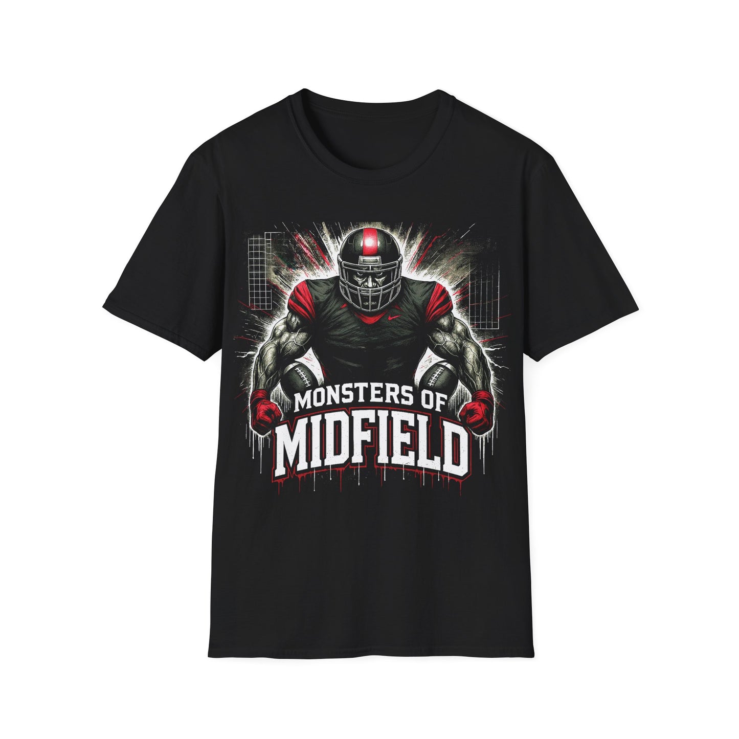 Black t-shirt with a graphic of a football player and 'Monsters of Midfield' text on a white background