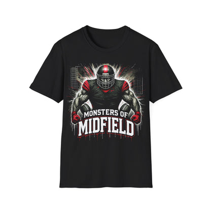 Black t-shirt with a graphic of a football player and 'Monsters of Midfield' text on a white background