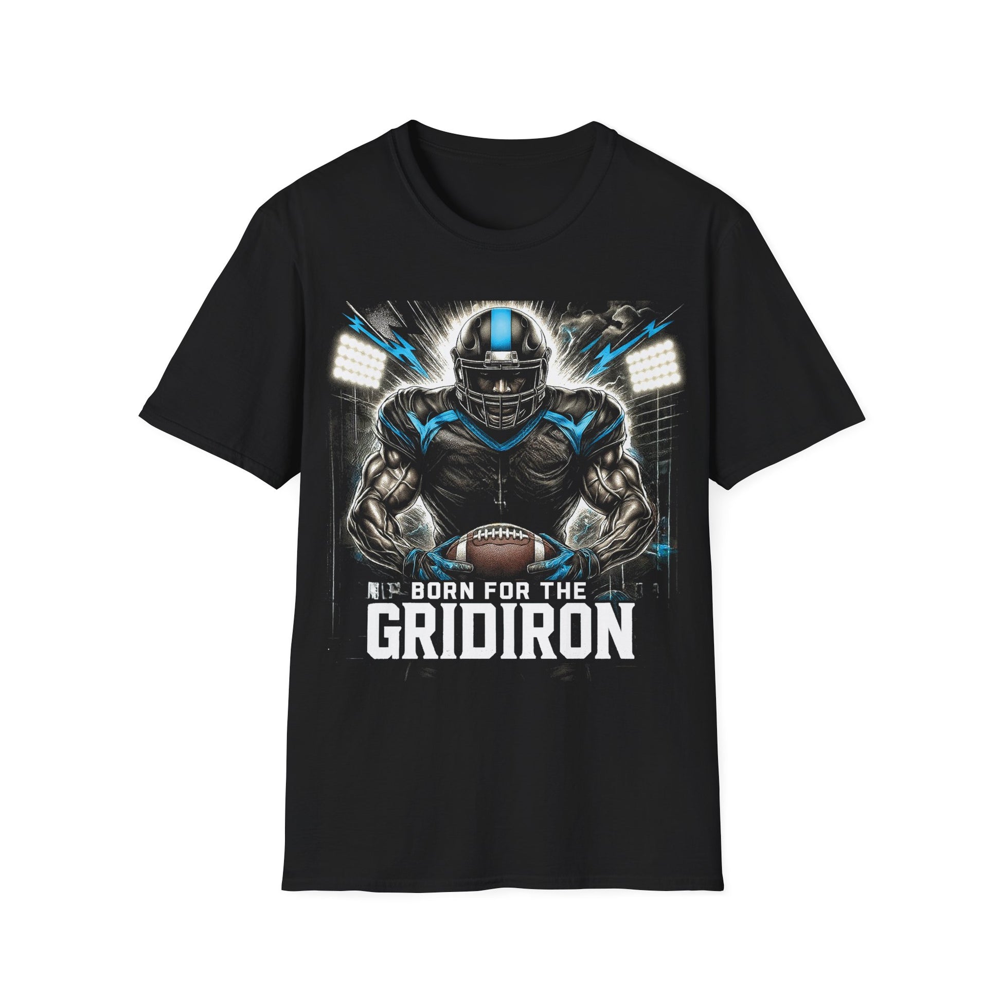 Black t-shirt with football player graphic and 'Born for the Gridiron' text on a white background