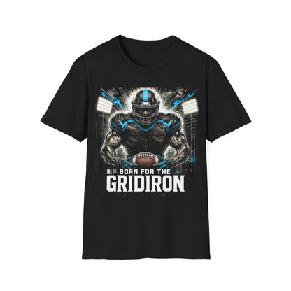 Black t-shirt with football player graphic and 'Born for the Gridiron' text on a white background