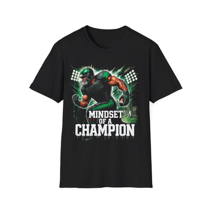 Black t-shirt with a football player graphic and 'Mindset of a Champion' text on a white background