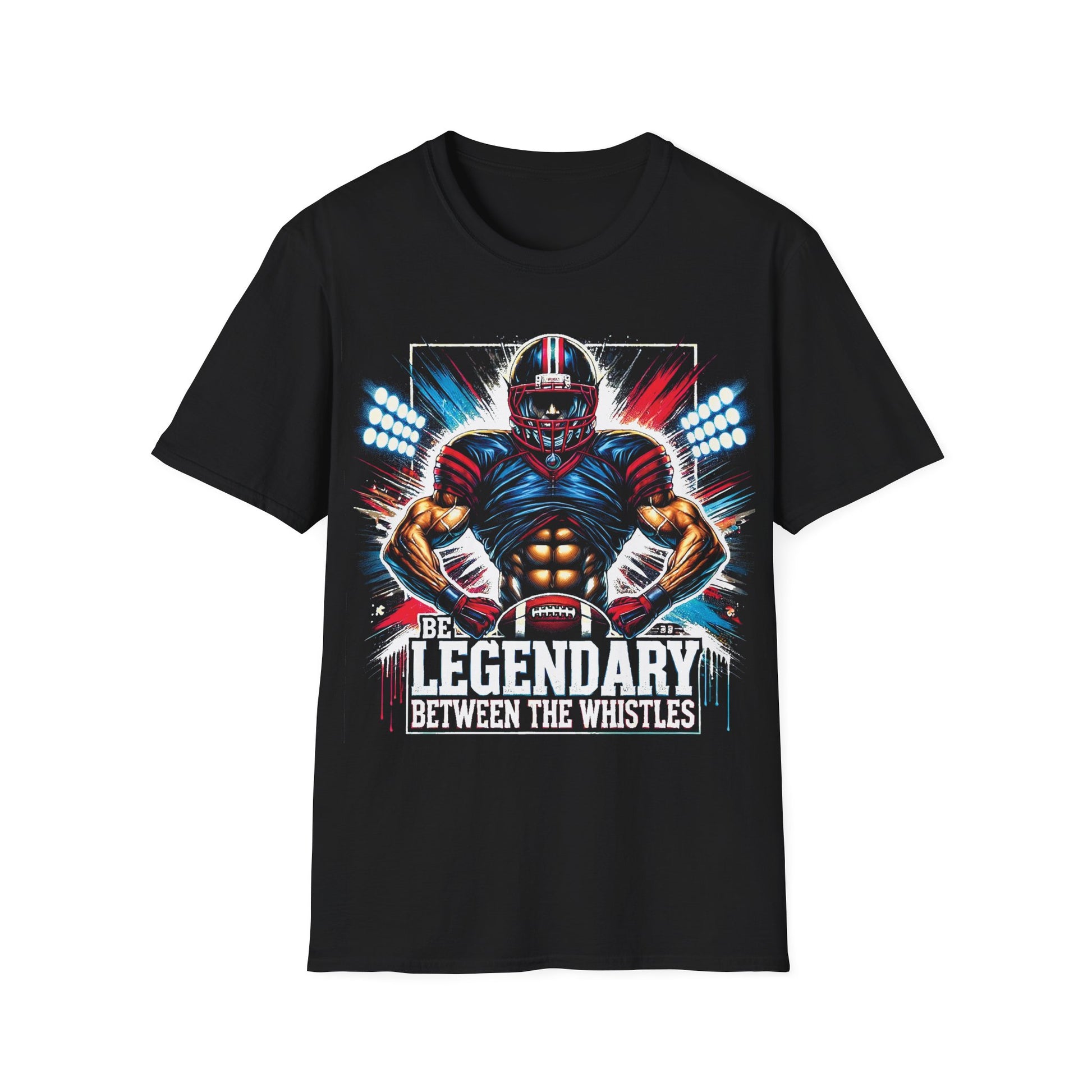 Black t-shirt with football player graphic and text on a white background
