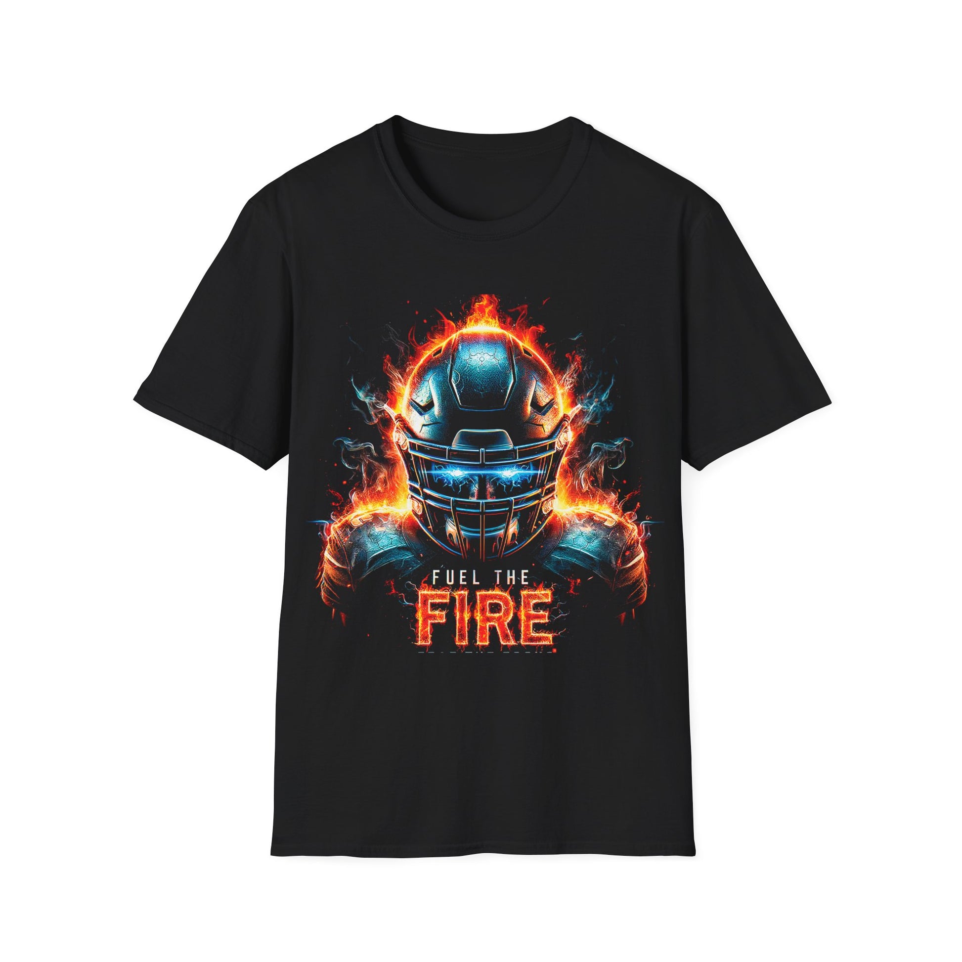 Black t-shirt with a helmet graphic and 'Fuel the Fire' text on a white background