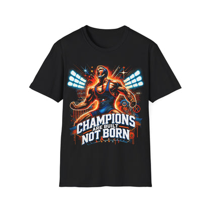 Wrestling T-Shirt: 'Champions are built not born' Design on Black Softstyle Tee