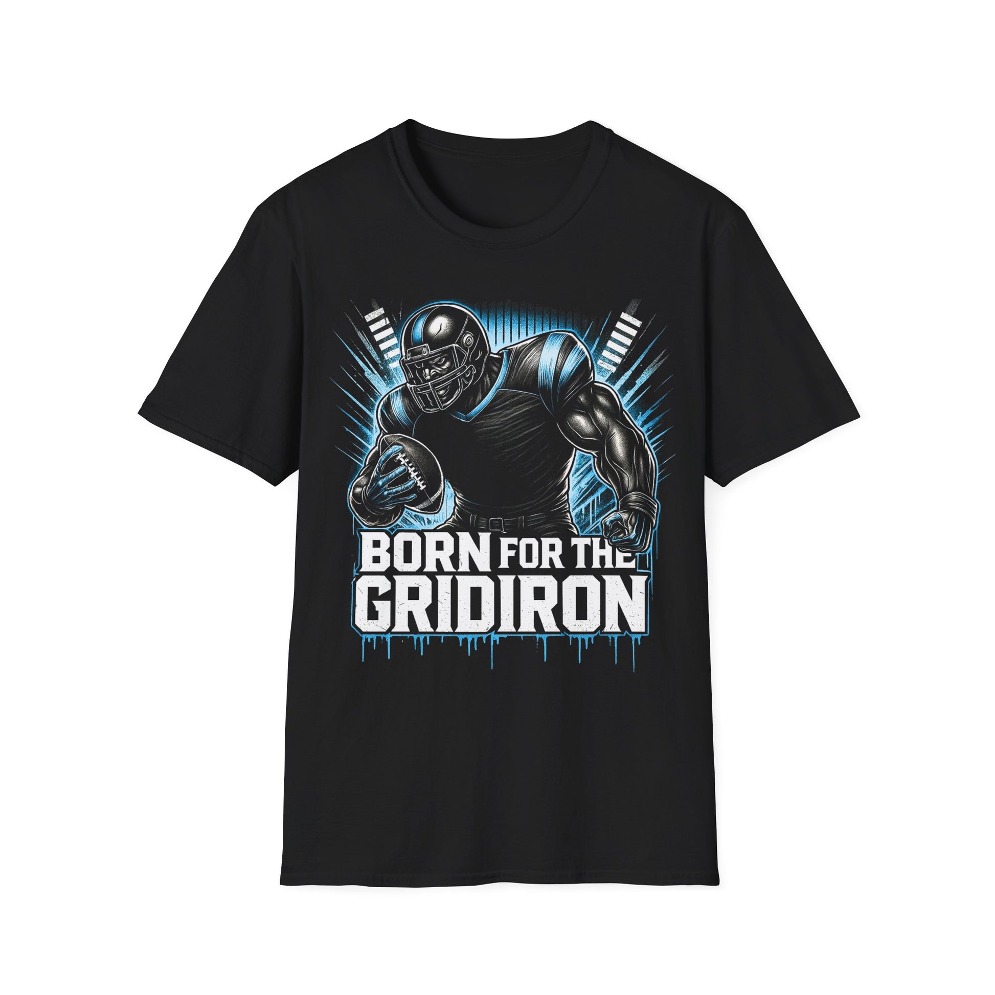 Black t-shirt with football player graphic and 'Born for the Gridiron' text on a white background