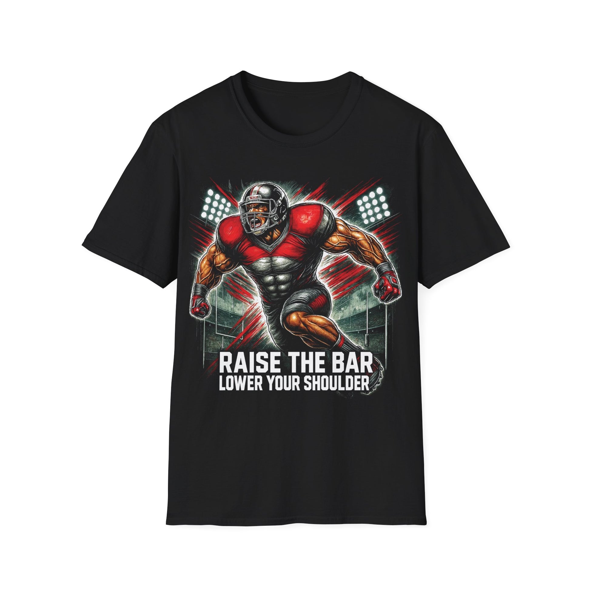 Black t-shirt with a graphic of a football player and motivational text on a white background