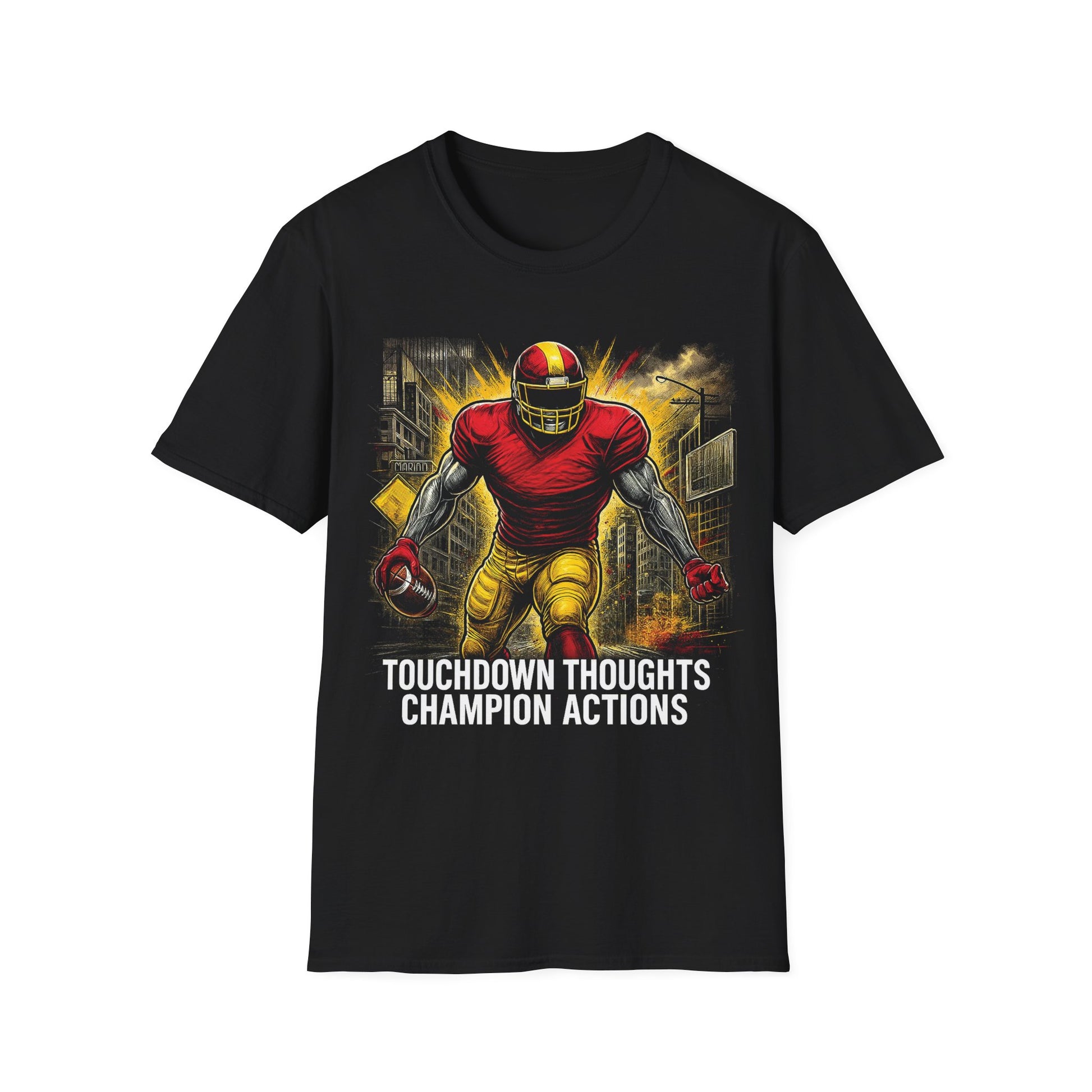 Black t-shirt with a football player graphic and text on a white background
