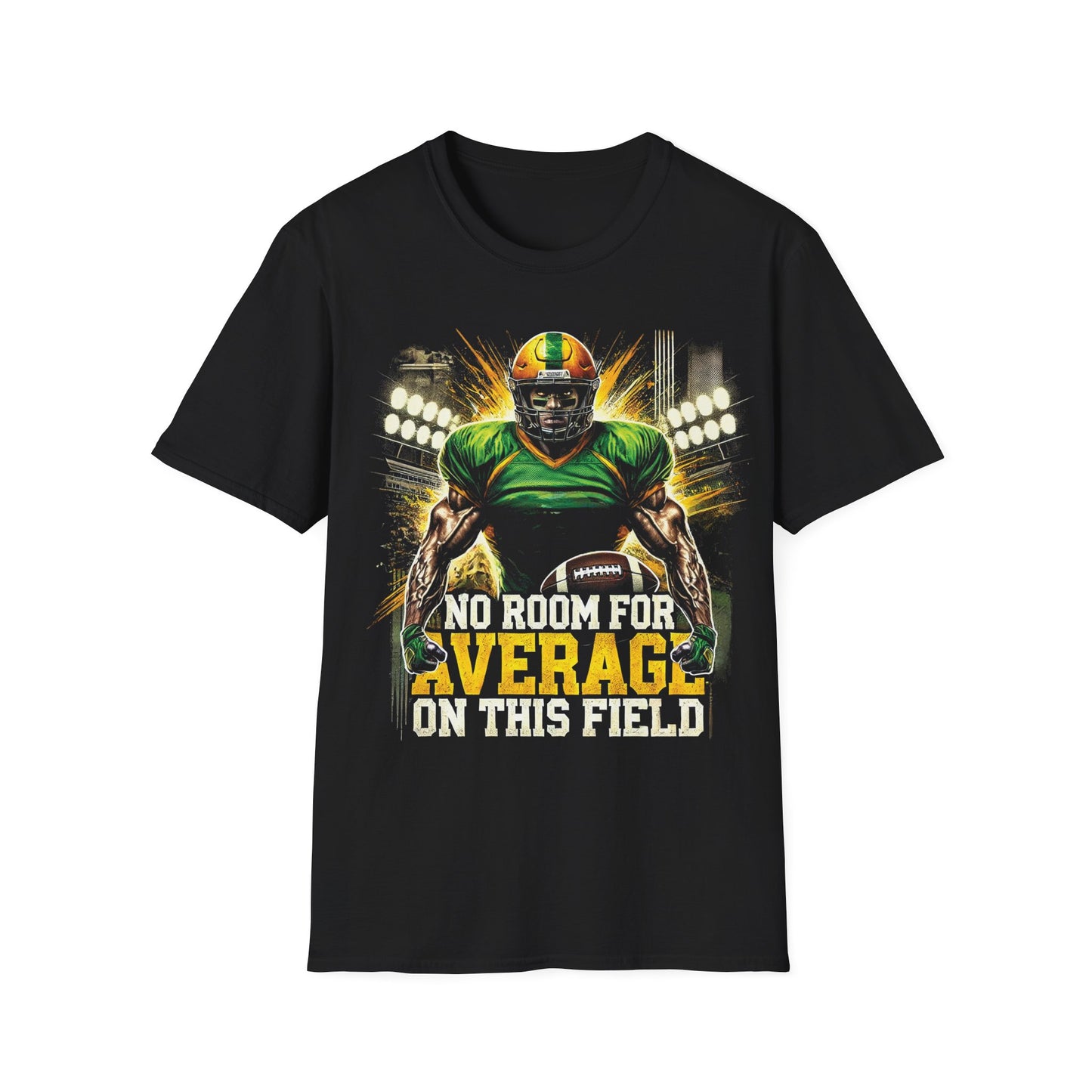 Black t-shirt with a football player graphic and text on a white background