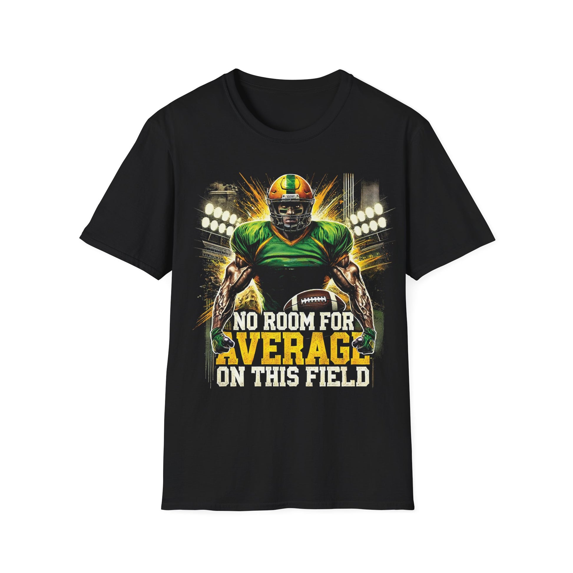 Black t-shirt with a football player graphic and text on a white background