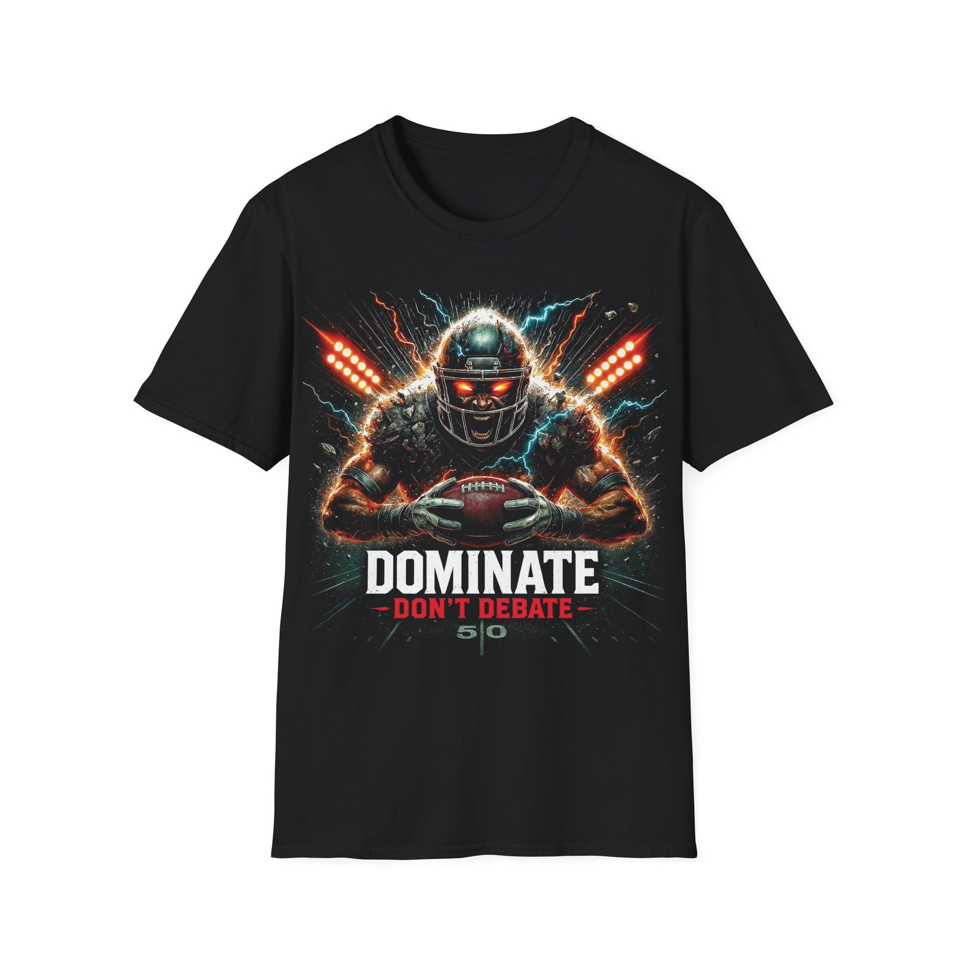 Black t-shirt with a graphic of a football player and text 'DOMINATE DON'T DEBATE' on a white background
