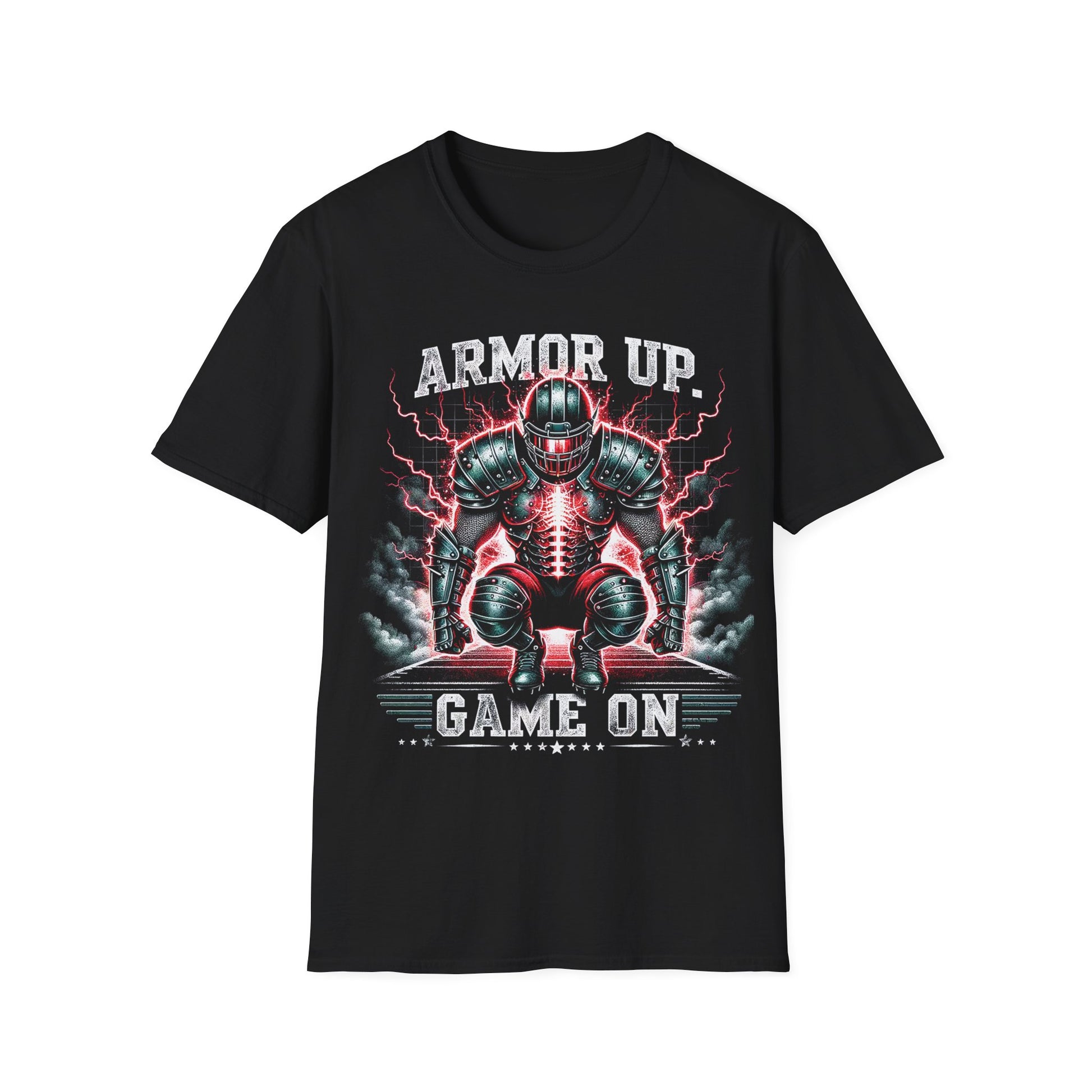 Black t-shirt with robot graphic and 'Armor Up, Game On' text on a white background