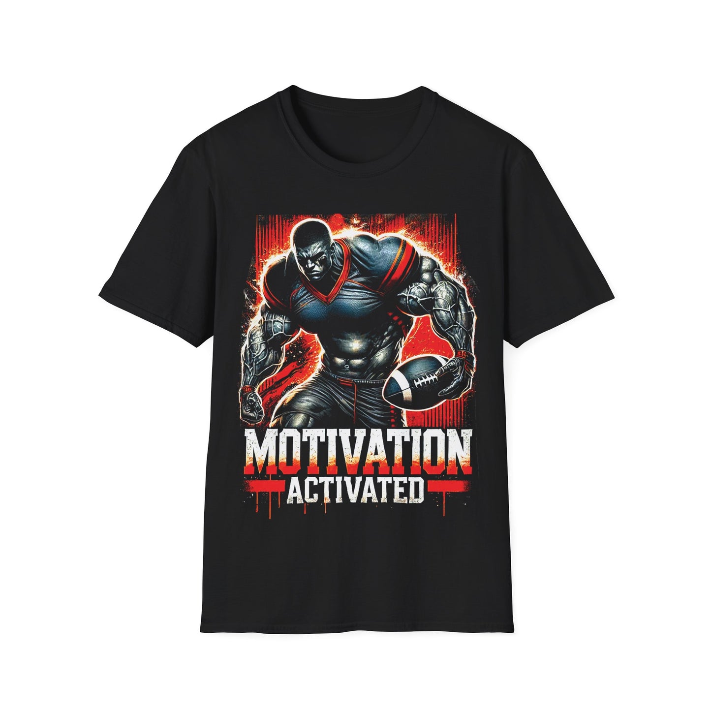 Black t-shirt with a graphic of a football player and 'Motivation Activated' text on a white background