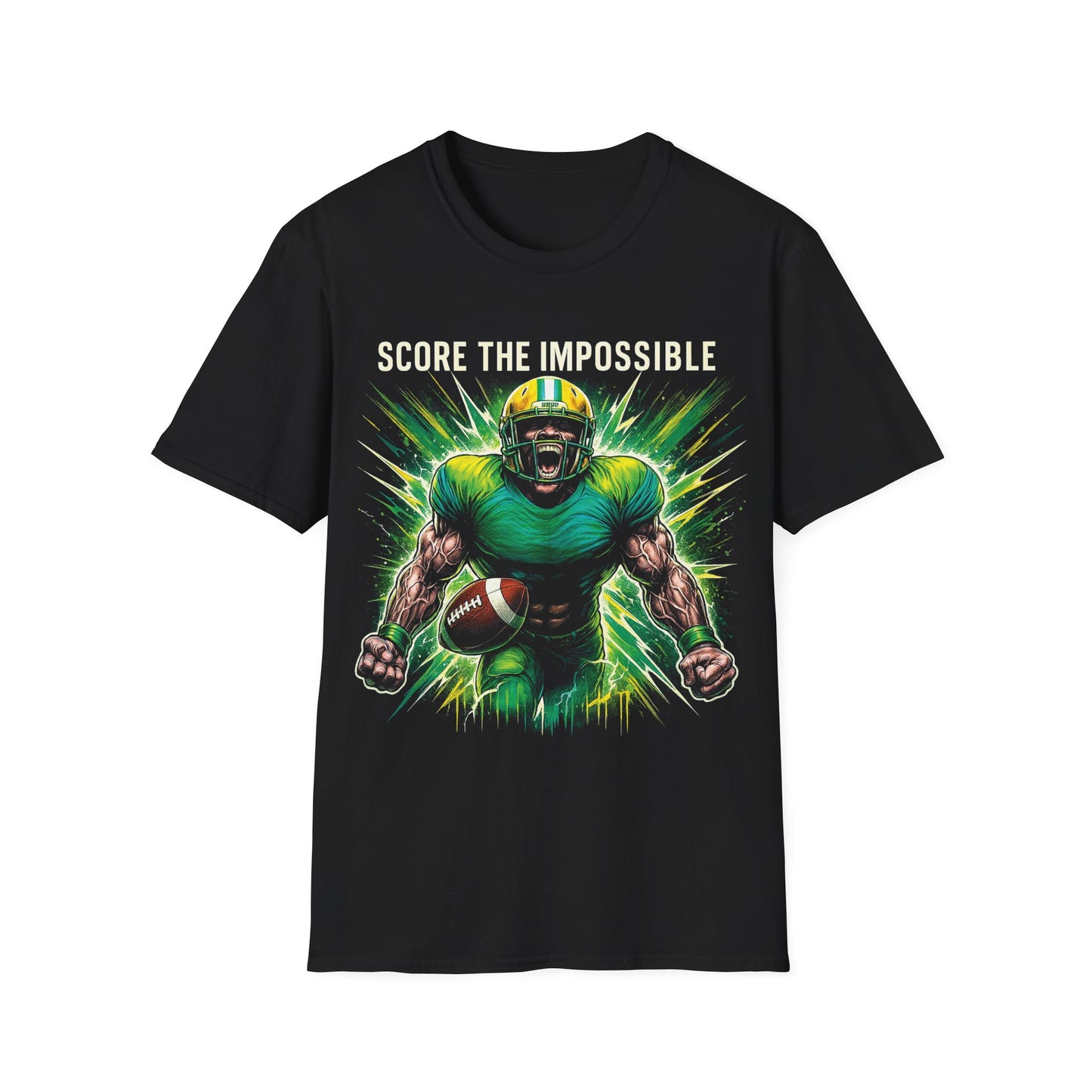 Black t-shirt with a graphic of a football player and 'Score the Impossible' text on a white background