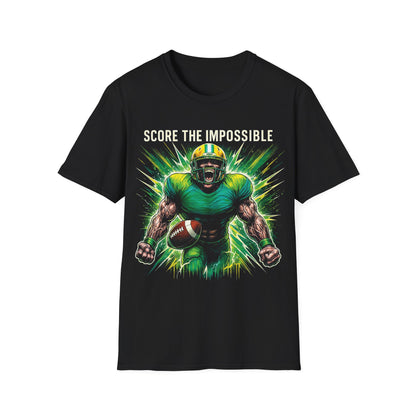 Black t-shirt with a graphic of a football player and 'Score the Impossible' text on a white background